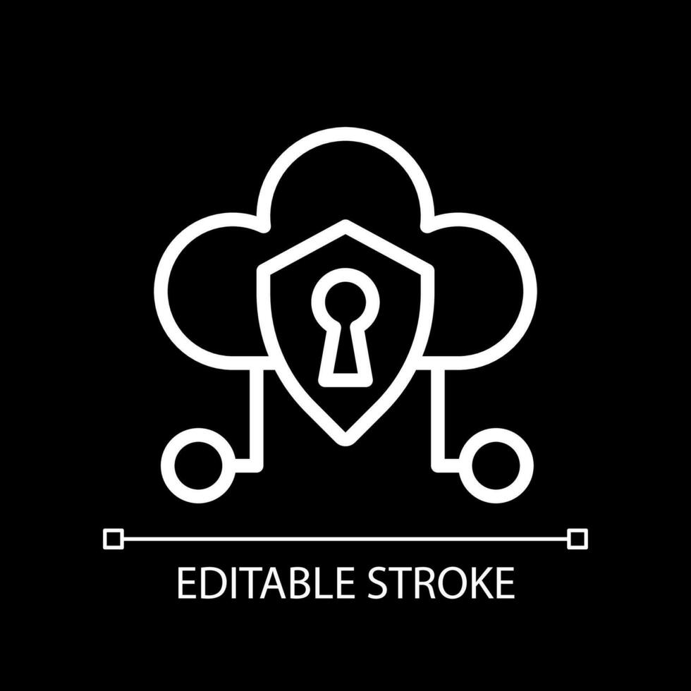 Cloud security pixel perfect white linear icon for dark theme. Data and information protection. Thin line illustration. Isolated symbol for night mode. Editable stroke. vector