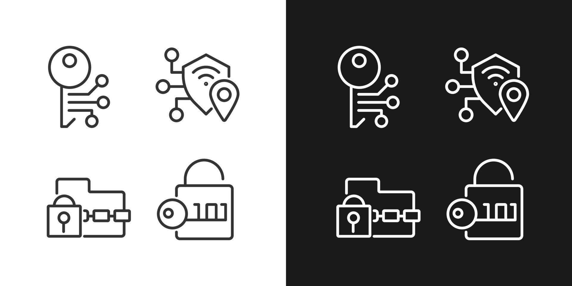 Encryption technologies pixel perfect linear icons set for dark, light ...