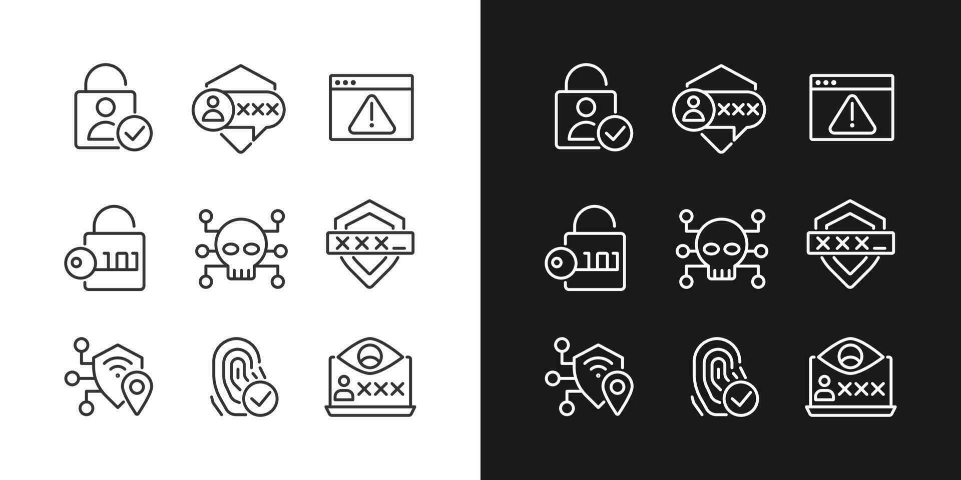 tecnologías de ciberseguridad iconos lineales perfectos de píxeles establecidos para modo oscuro y claro. autenticacion de usuario. mensajes encriptados. símbolos de línea delgada para el tema de la noche y el día. ilustraciones aisladas. trazo editable vector