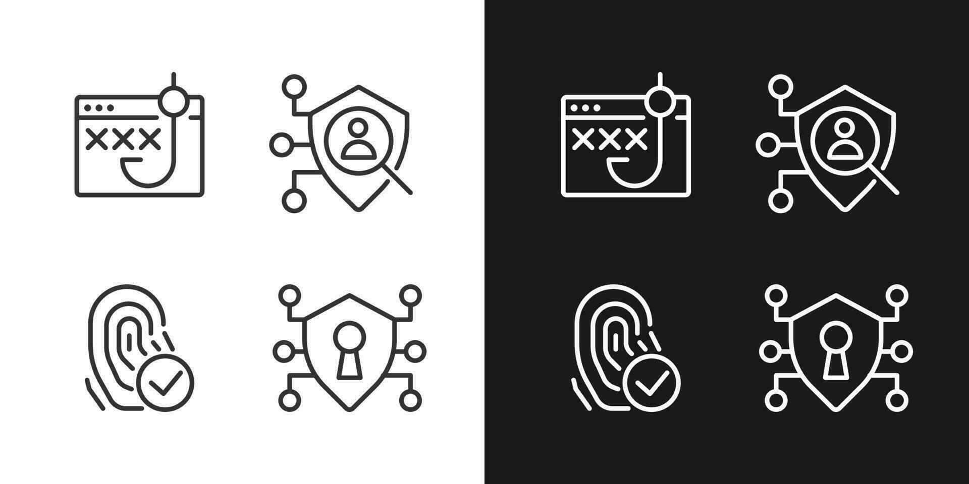 Iconos lineales perfectos de píxeles de seguridad y protección de datos establecidos para el modo oscuro y claro. tecnología biométrica. control de acceso. símbolos de línea delgada para el tema de la noche y el día. ilustraciones aisladas. trazo editable vector