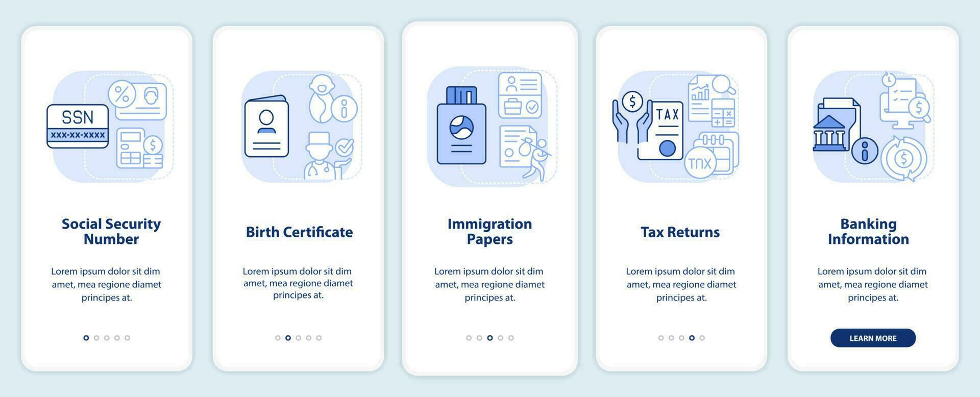 pantalla de aplicación móvil de incorporación de aplicación de programa social azul claro. tutorial 5 pasos páginas de instrucciones gráficas con conceptos lineales. interfaz de usuario, ux, plantilla de interfaz gráfica de usuario. vector