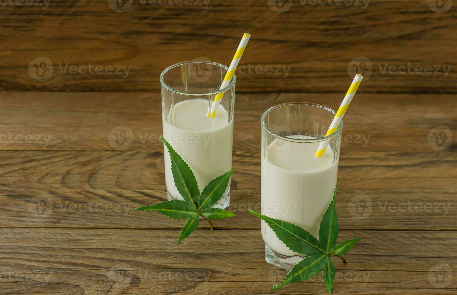 Glasses with Cannabis herbal vegan gluten and lactose free milk and cannabis leaves on wooden table photo