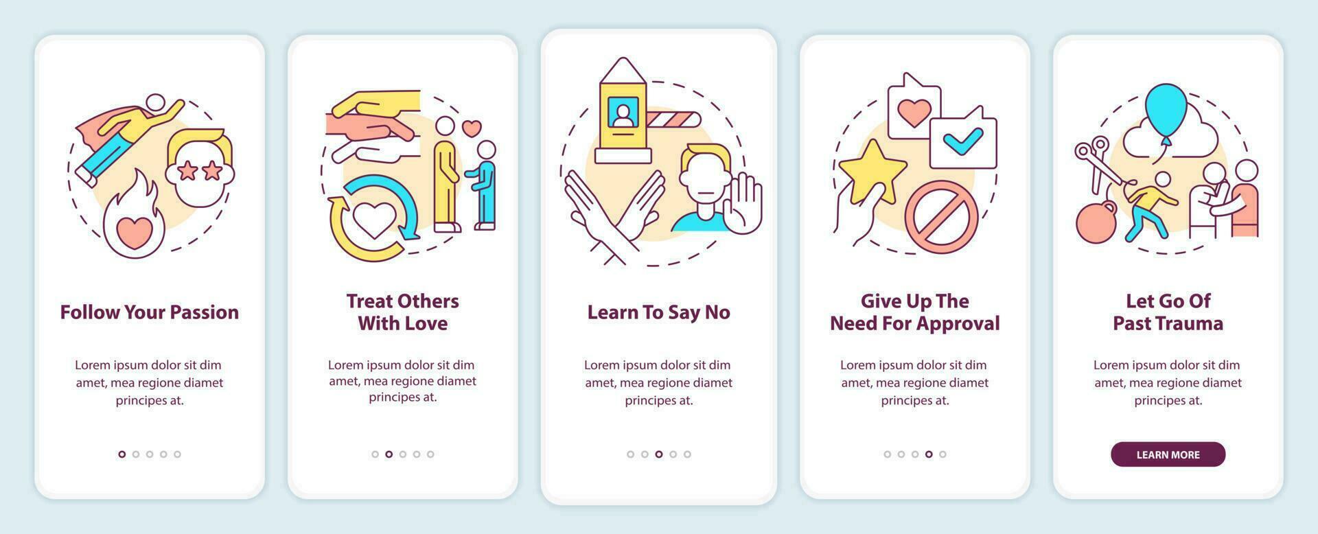 Activities for self love onboarding mobile app screen. Follow passion walkthrough 5 steps graphic instructions pages with linear concepts. UI, UX, GUI template. vector