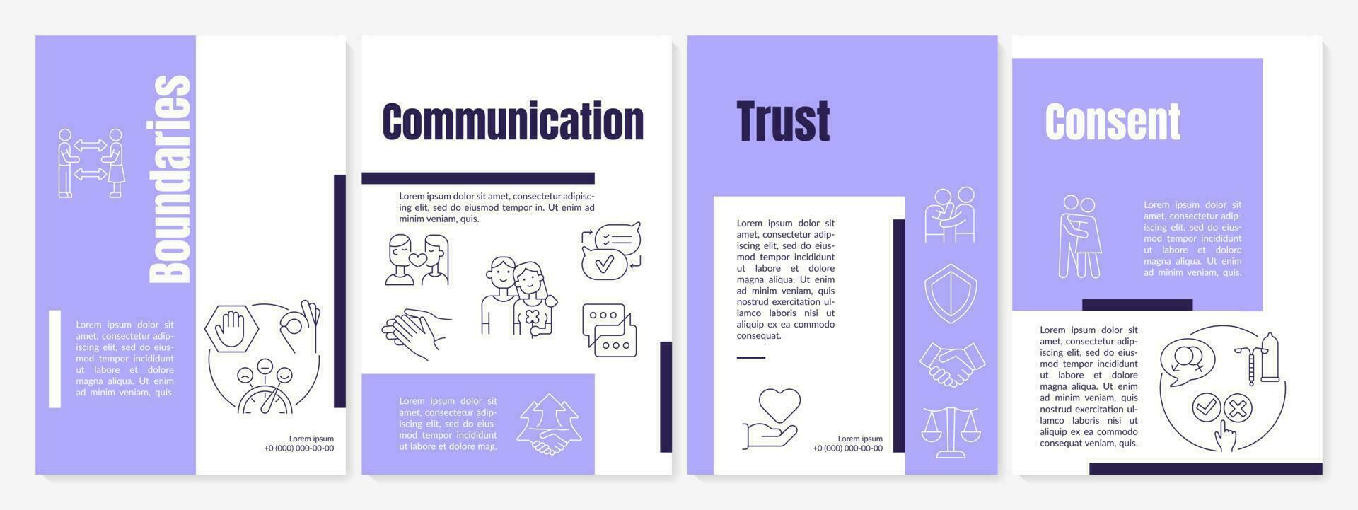 Building healthy relationships purple brochure template. Good boundaries. Leaflet design with linear icons. 4 vector layouts for presentation, annual reports.