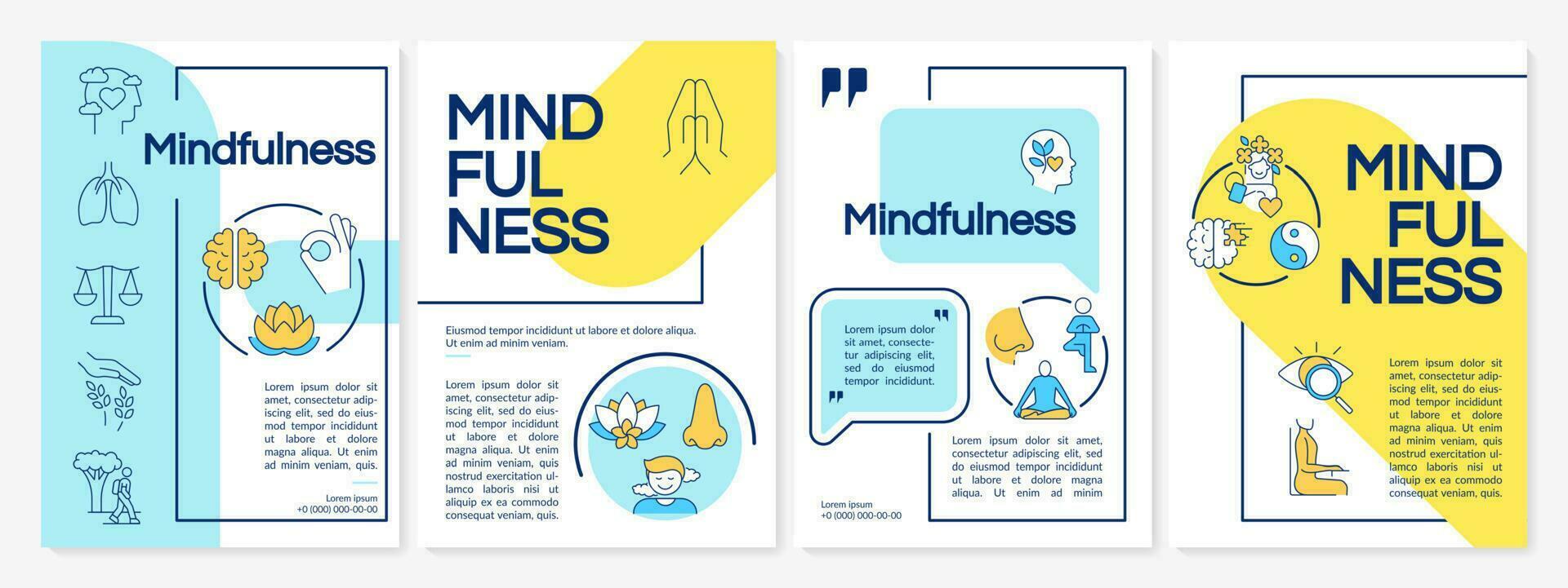 Mindfulness techniques blue and yellow brochure template. Positivity and relax. Leaflet design with linear icons. 4 vector layouts for presentation, annual reports.