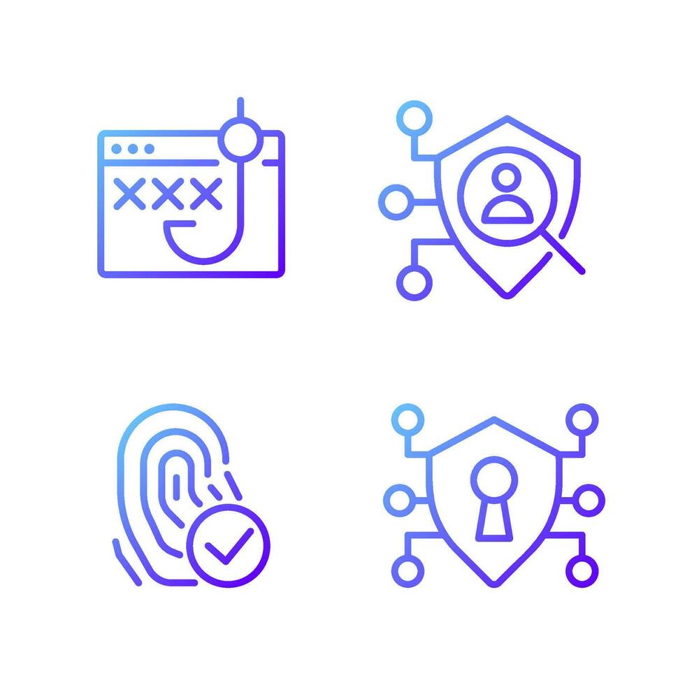 Data security and protection pixel perfect gradient linear vector icons set. Biometrics technology. Access control. Thin line contour symbol designs bundle. Isolated outline illustrations collection