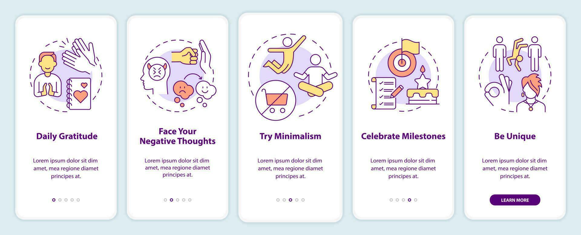 Exercises for self love onboarding mobile app screen. Daily gratitude walkthrough 5 steps graphic instructions pages with linear concepts. UI, UX, GUI template. vector