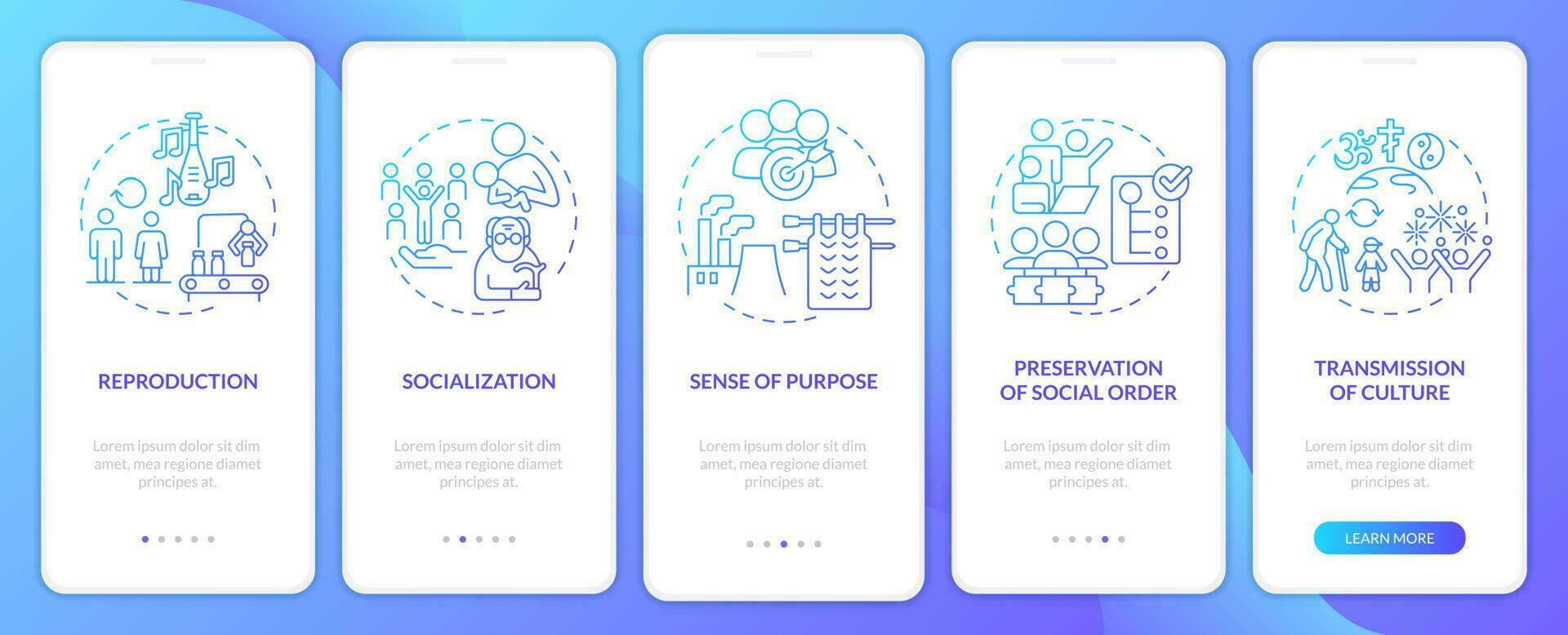 Social institution functions blue gradient onboarding mobile app screen. Walkthrough 5 steps graphic instructions pages with linear concepts. UI, UX, GUI template. vector