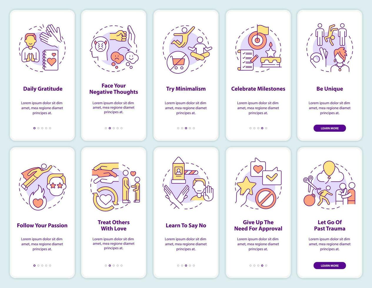 Being kind to yourself steps onboarding mobile app screen set. Walkthrough 5 steps graphic instructions pages with linear concepts. UI, UX, GUI template. vector