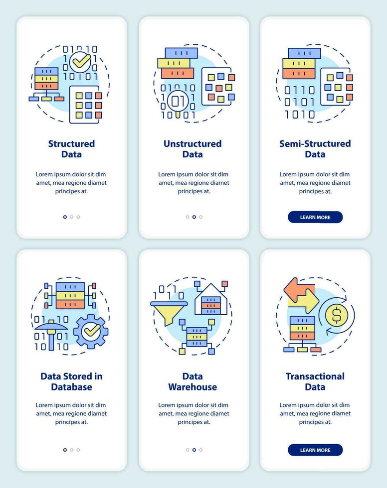 Digital information types onboarding mobile app screen set. Data mining walkthrough 3 steps graphic instructions pages with linear concepts. UI, UX, GUI template. vector