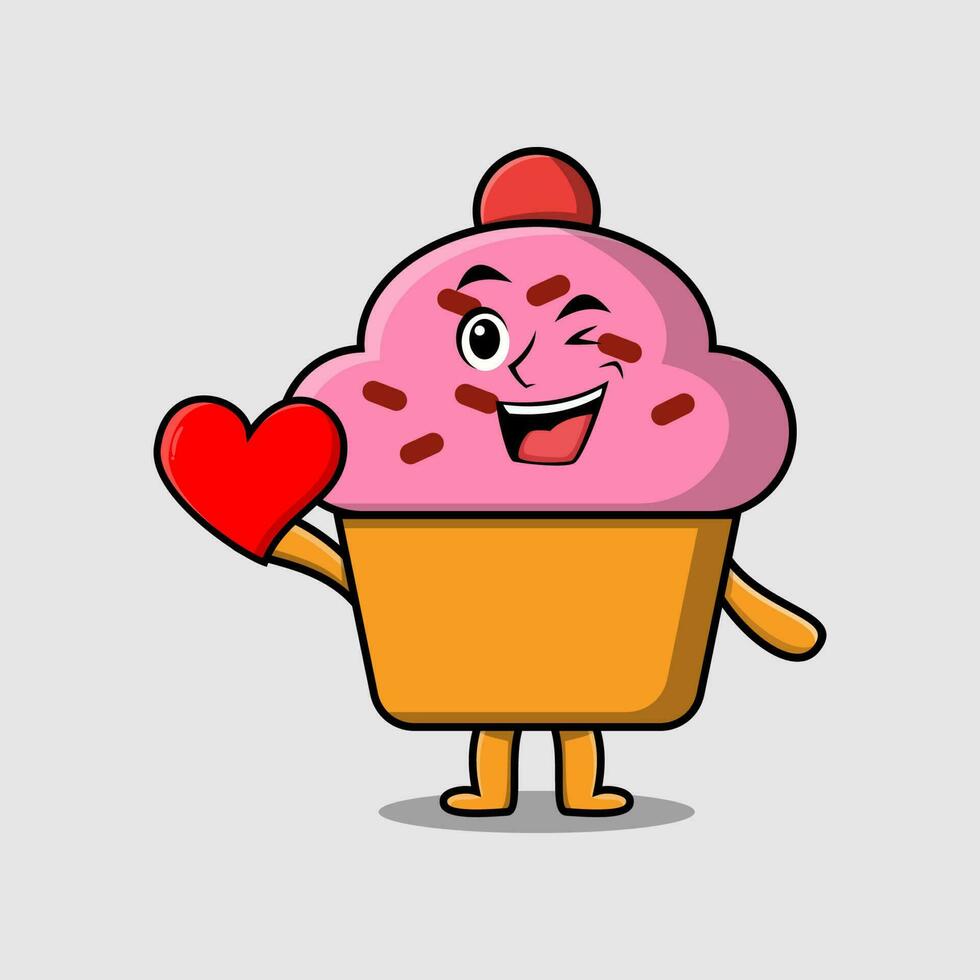 Cute cartoon Cupcake character hold big red heart vector