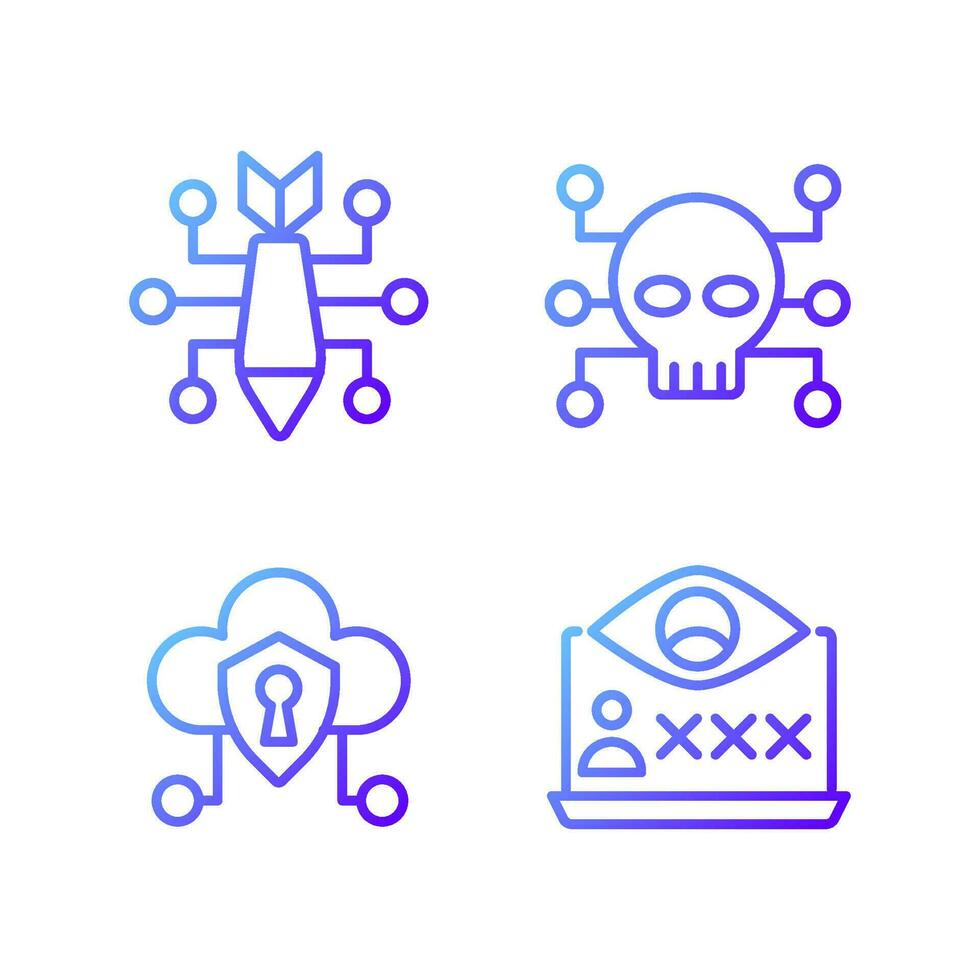 Malicious online activity pixel perfect gradient linear vector icons set. Cyber attack. Cybercrime. Spying malware. Thin line contour symbol designs bundle. Isolated outline illustrations collection