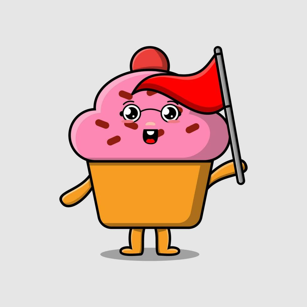 lindo personaje de cupcake de dibujos animados mantenga la bandera del triángulo vector