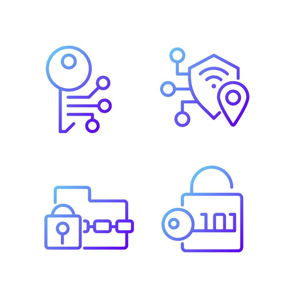 Encryption technologies pixel perfect gradient linear vector icons set. Ransomware. Data decryption. Cryptography. Thin line contour symbol designs bundle. Isolated outline illustrations collection
