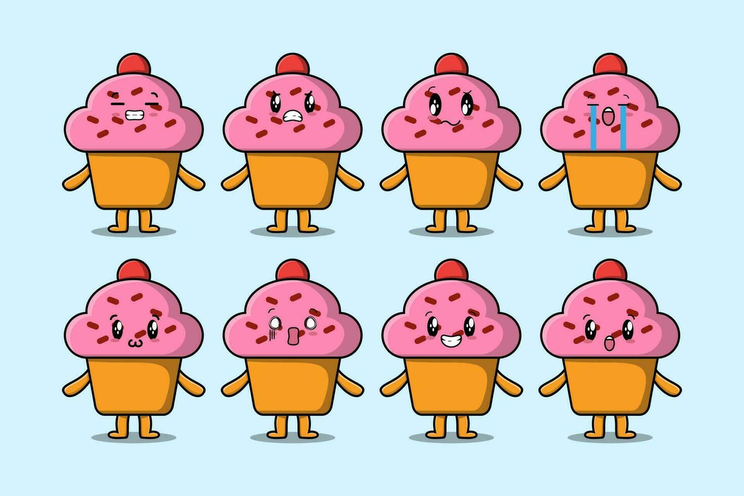 Set kawaii Cupcake cartoon with expressions vector