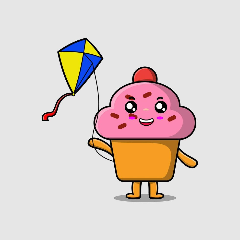 lindo personaje de cupcake de dibujos animados jugando cometa volando vector