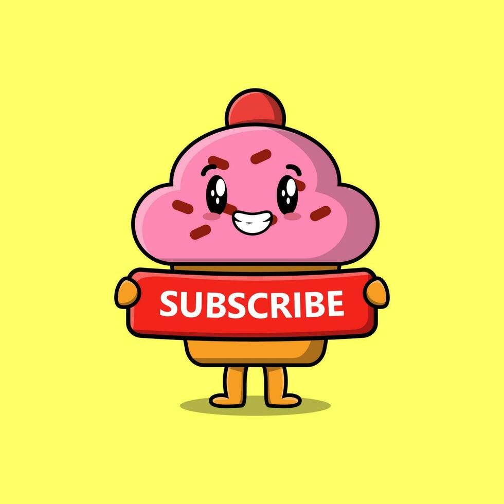 Cute cartoon Cupcake holding red subscribe board vector