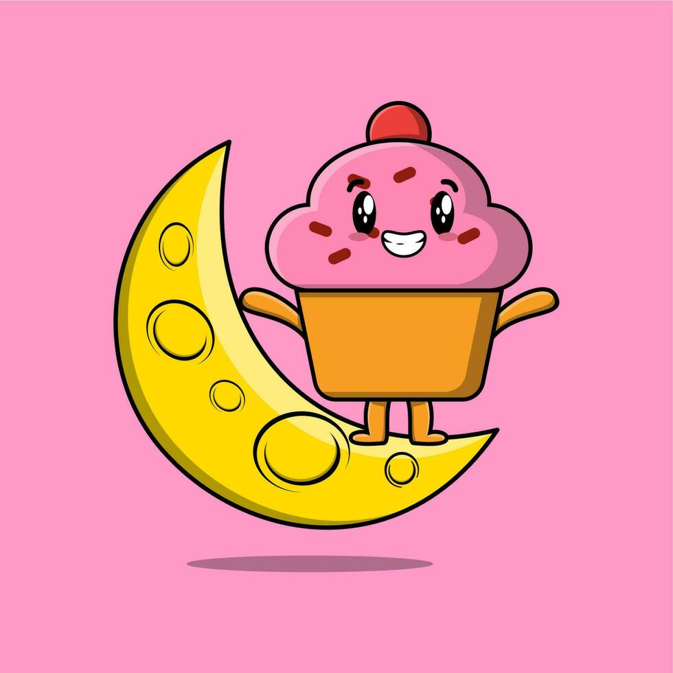 Cute cartoon Cupcake standing on the crescent moon vector