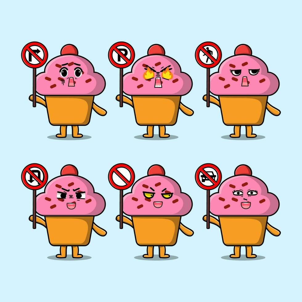 lindo personaje de dibujos animados de cupcake con señal de tráfico vector
