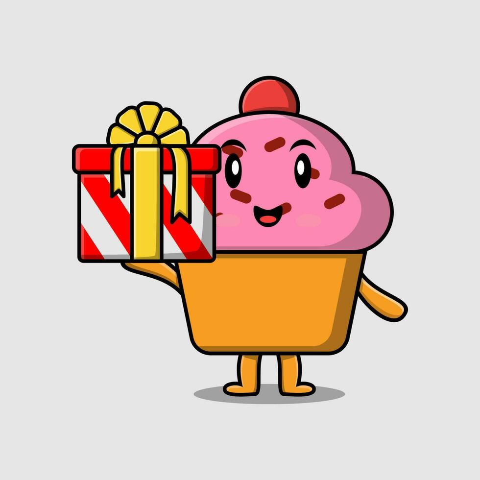 lindo personaje de cupcake de dibujos animados con caja de regalo vector
