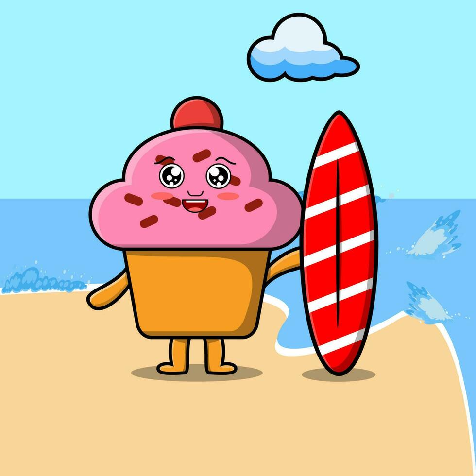 lindo personaje de cupcake de dibujos animados jugando al surf vector