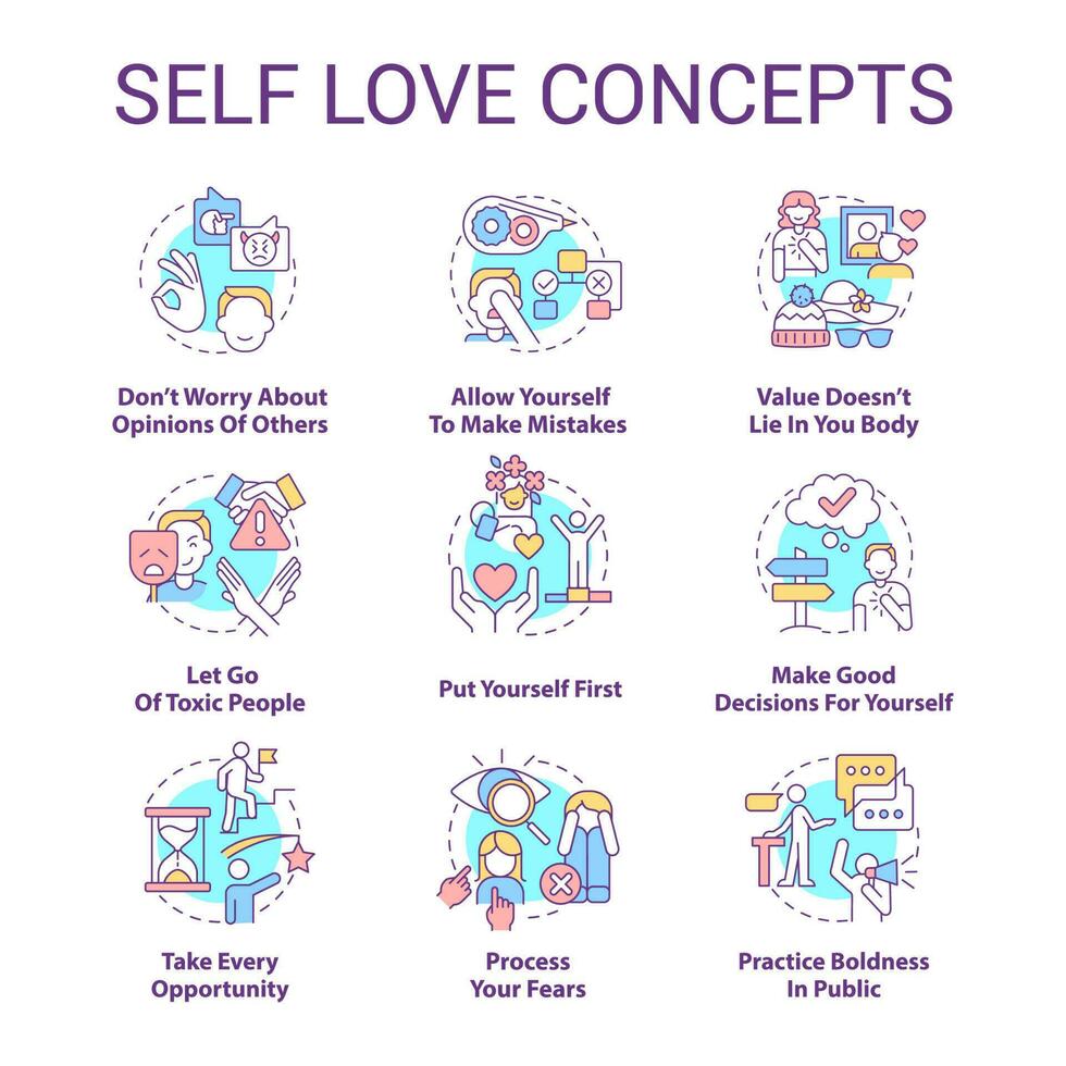 Self love concept icons set. Care about personal mental wellness idea thin line color illustrations. Leaving toxic people. Isolated symbols. Editable stroke. vector