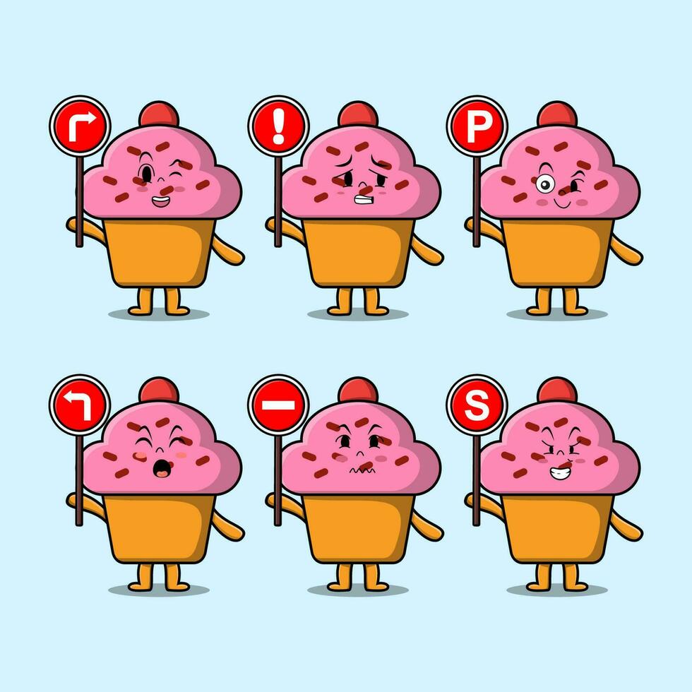 lindo personaje de dibujos animados de cupcake con señal de tráfico vector