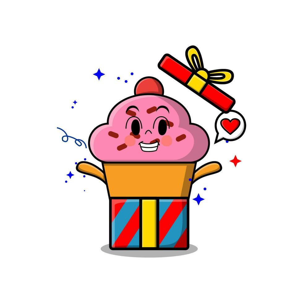 Cute cartoon Cupcake coming out from big gift box vector