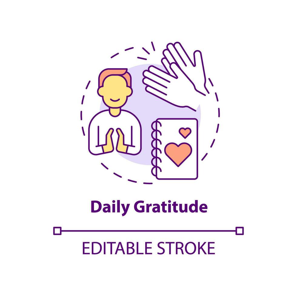 Daily gratitude concept icon. Exercise for self love abstract idea thin line illustration. Maintaining self-care routine. Isolated outline drawing. Editable stroke. vector