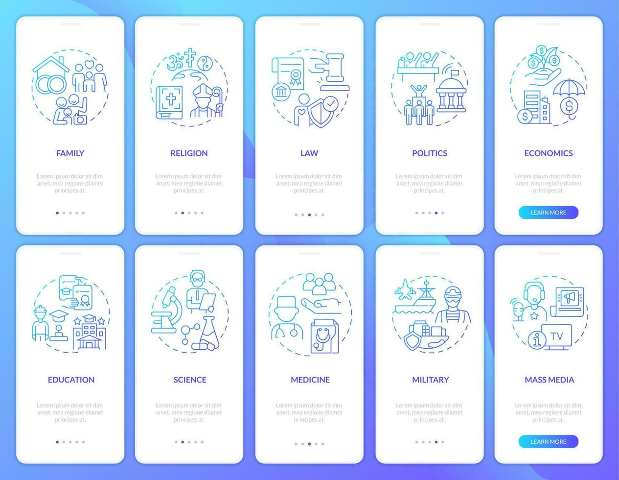 conjunto de pantalla de aplicación móvil de incorporación de gradiente azul de instituciones sociales. tutorial 5 pasos páginas de instrucciones gráficas con conceptos lineales. interfaz de usuario, ux, plantilla de interfaz gráfica de usuario. vector