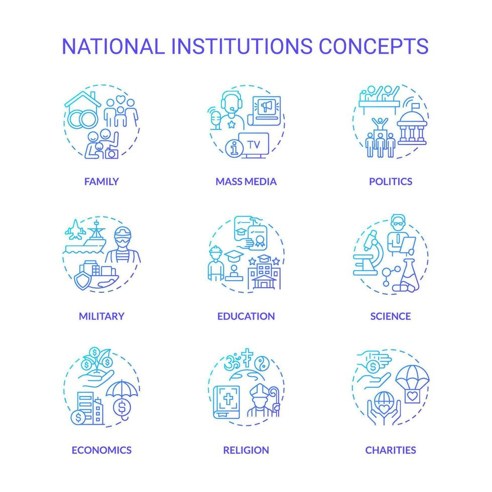 Social institutions blue gradient concept icons set. Norms and values. Social organizations idea thin line color illustrations. Isolated symbols. vector