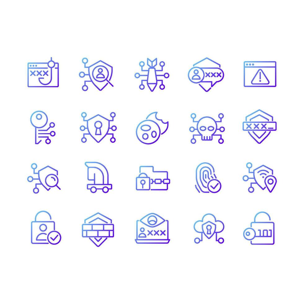 Online security pixel perfect gradient linear vector icons set. Data protection. Computer virus prevention. Thin line contour symbol designs bundle. Isolated outline illustrations collection