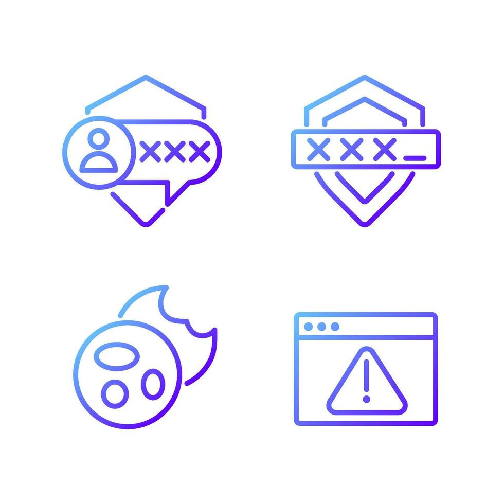 Personal security on internet pixel perfect gradient linear vector icons set. Messages encryption. Browser cookies. Thin line contour symbol designs bundle. Isolated outline illustrations collection