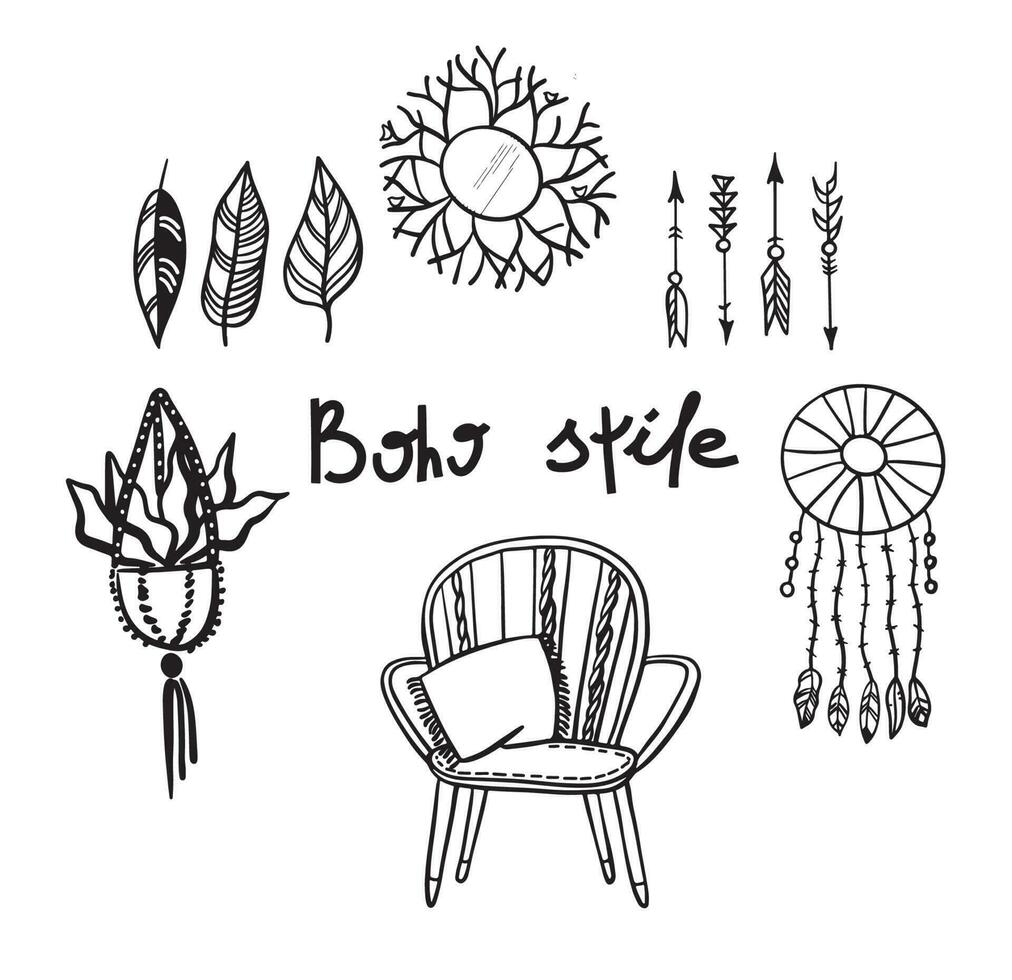 conjunto de estrellas negras celestes dibujadas a mano, iconos bohemios, ramas frondosas, atrapasueños, arco iris, misterio, símbolos mágicos aislados en fondo blanco. siluetas boho chic. vector