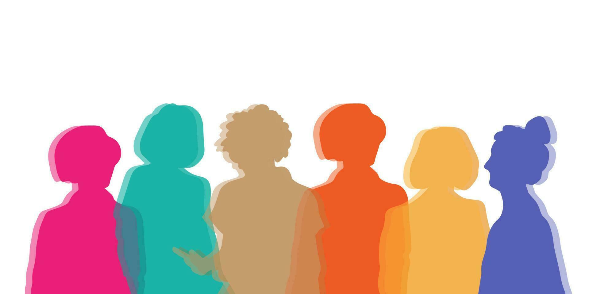 cultural communication, diverse people, interactivity between members of different girls and woman. Silhouette heads faces in profile of multiethnic and multicultural people. vector