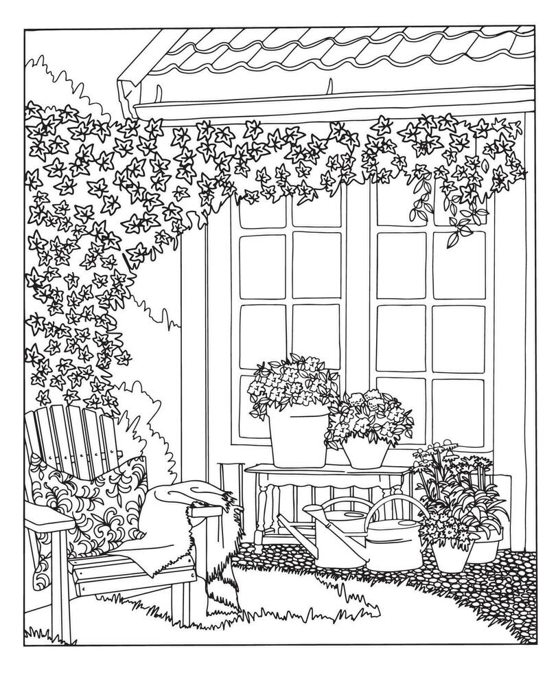 libro de colorear. ilustración para colorear con flores de jardín. Linea de arte. Terapia artística. fondo vectorial blanco y negro. vector