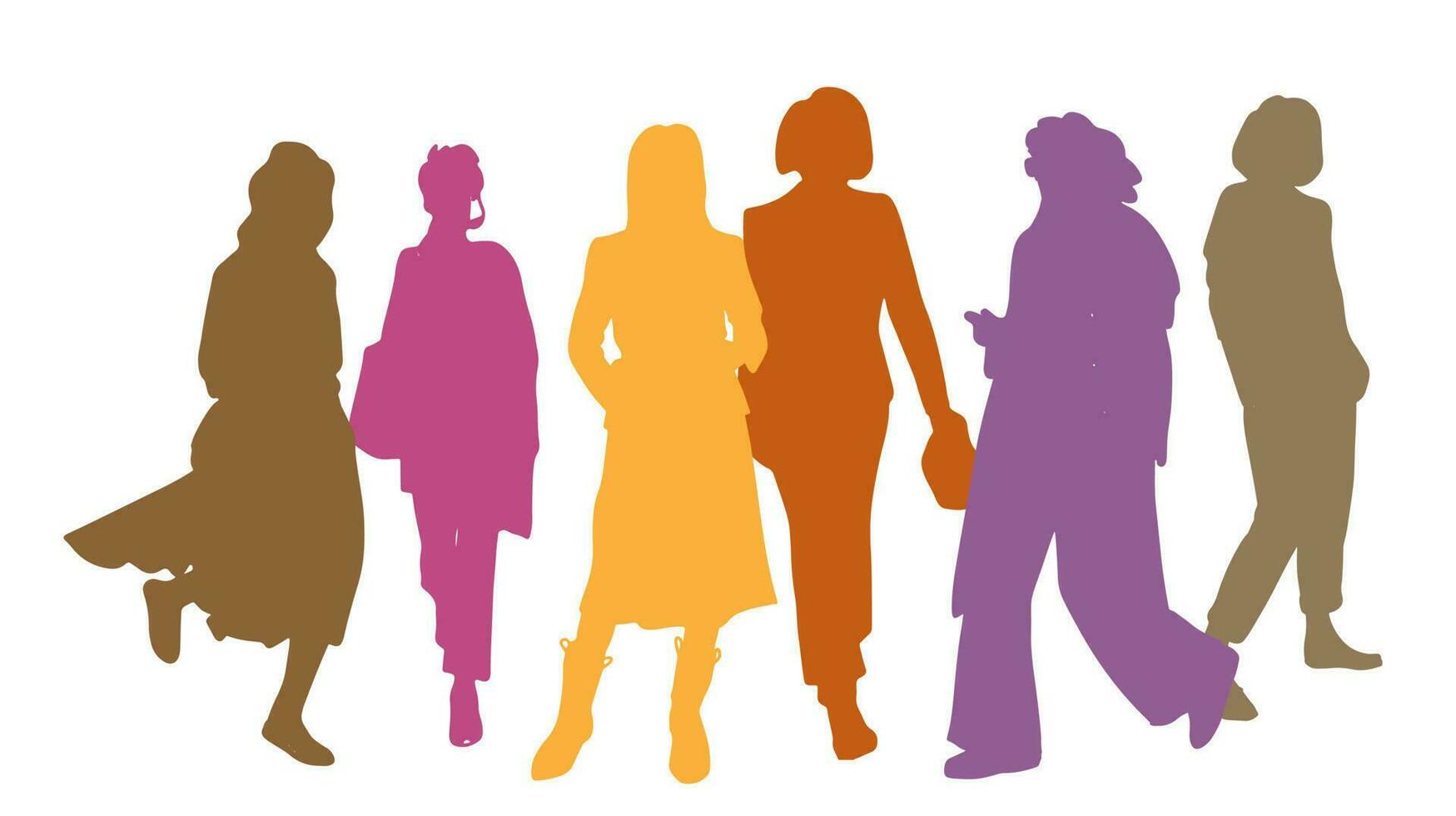 siluetas vectoriales mujeres de pie, diferentes poses, negocios, personas, grupo, multicolor, aisladas en fondo blanco vector