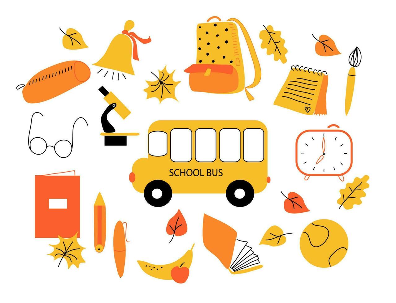 doodle set regreso a la escuela color amarillo naranja vector