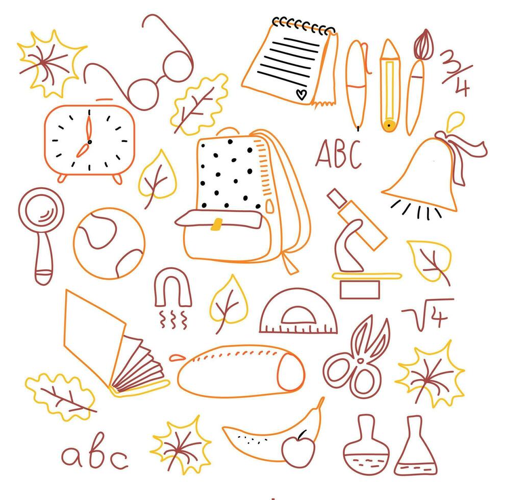 doodle set regreso a la escuela color amarillo naranja vector