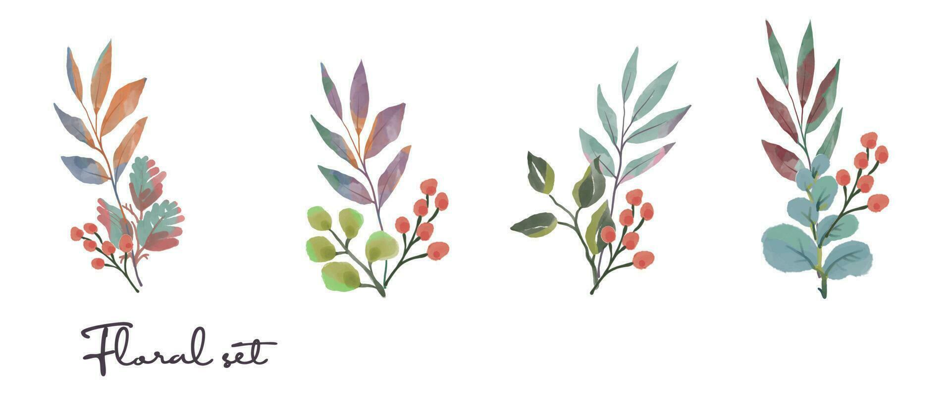 conjunto de plantas y hojas vectoriales de acuarela pintadas a mano.elemento de diseño para bodas de verano, tarjeta de felicitación de primavera. elementos florales perfectos para guardar la tarjeta de fecha. obras de arte únicas para su diseño. vector