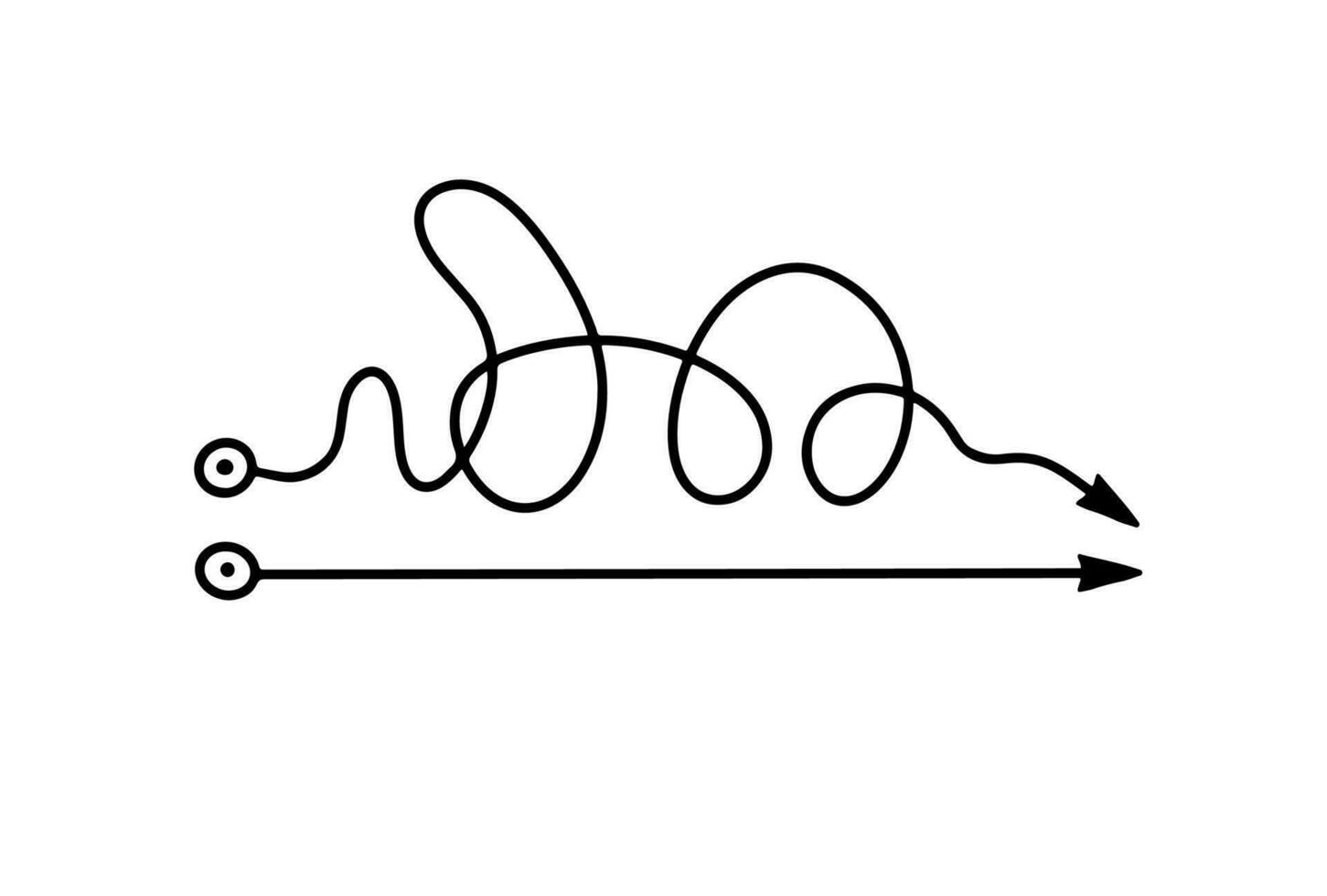 Messy and straight lines join at one point, black freehand scribble paths coming to one destination, single problem solution with different processes - concept vector illustration