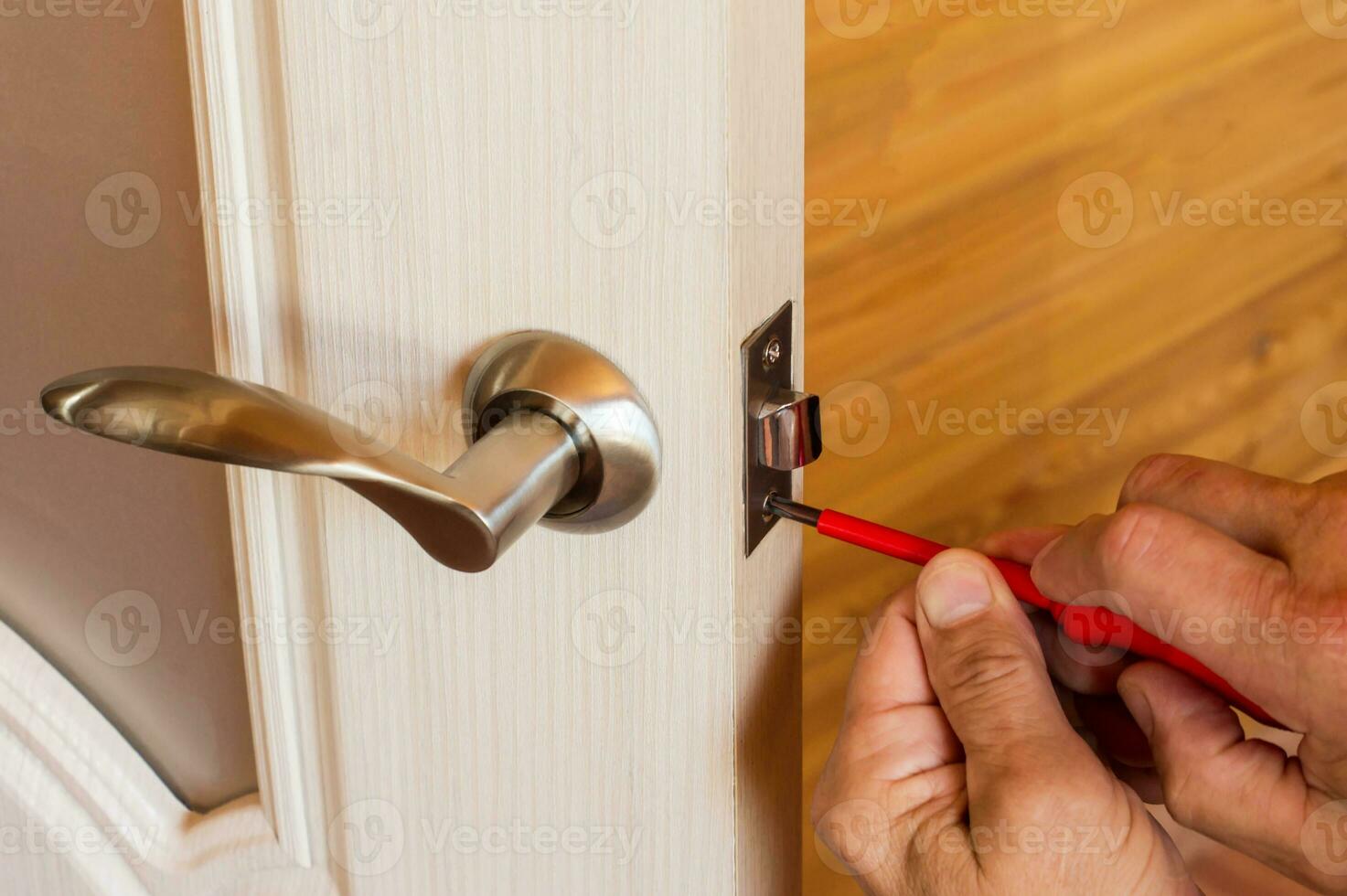 Assembly of lock with handles and latch for an interior door. photo