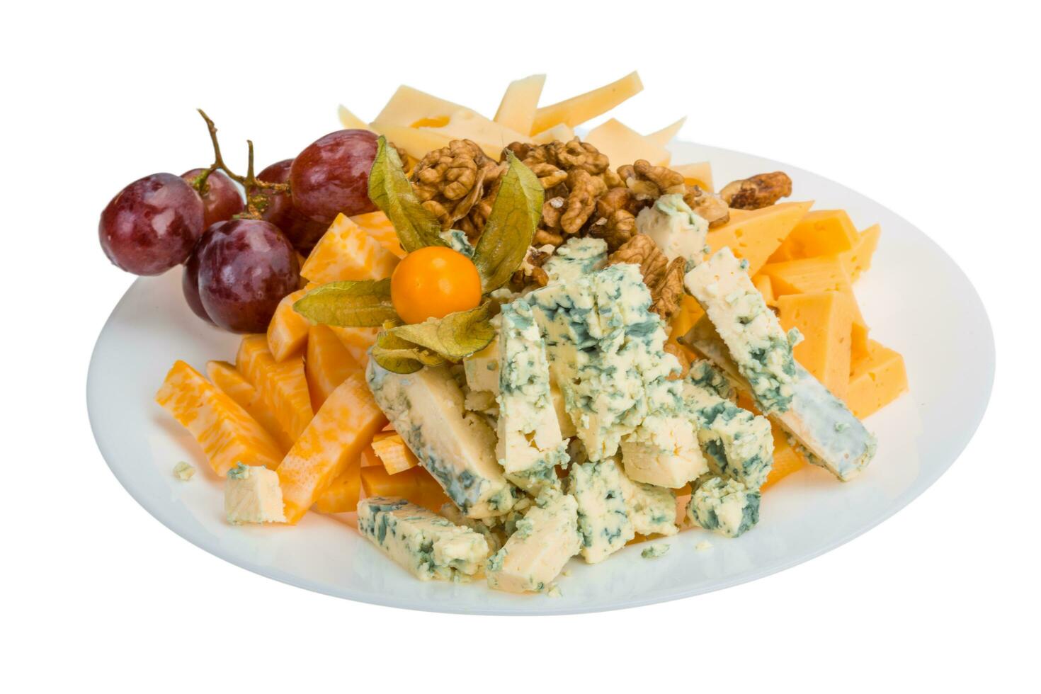 Cheese assortment on the plate and white background photo