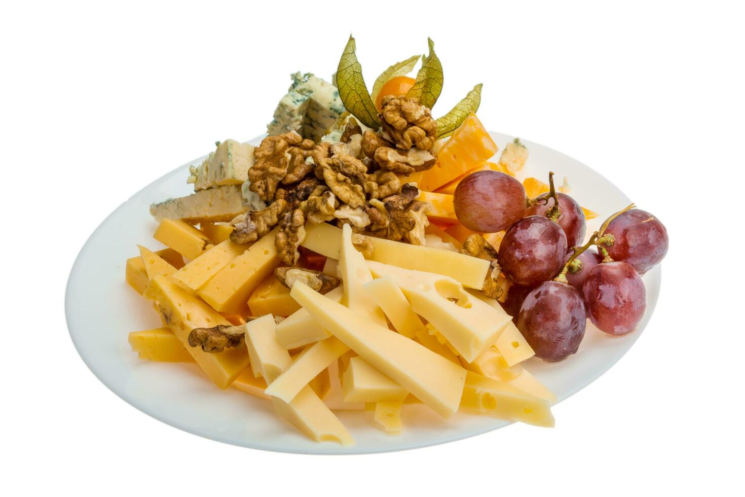 Cheese assortment on the plate and white background photo