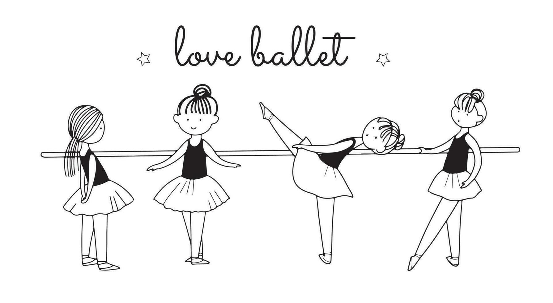 conjunto de lindos personajes de bailarina bailando en faldas de ballet. ilustración gráfica de vector lineal simple aislada en blanco. ideal para diseño de niña, camiseta