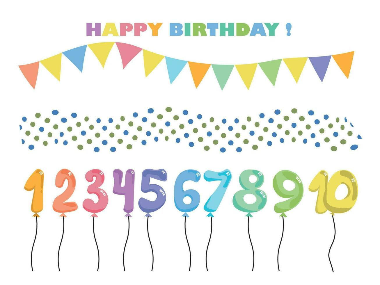 conjunto de globos y banderas, decoración para las fiestas y globos de colores de cumpleaños del uno al diez. Ilustración de vector de bola llena de aire de lámina numérica diferente aislada sobre fondo blanco.