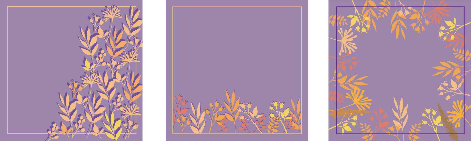 Yellow and orange floral leaves background card template collection. Vector card