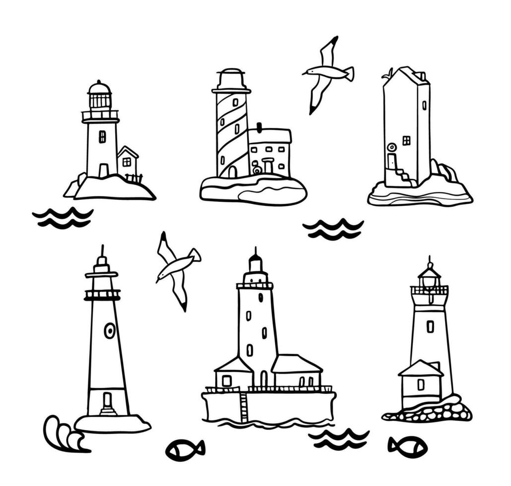 Vector line set of doodle lighthouses. Flat line art style.