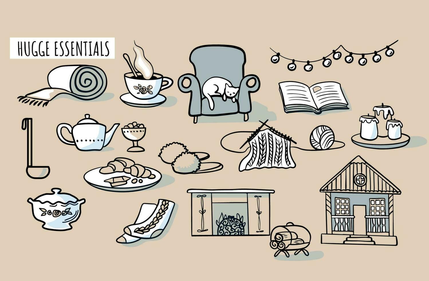 A set of elements on the theme of autumn, cozy home, hugge. A large design collection of colored doodle elements with a stroke and fill. Flat style. vector