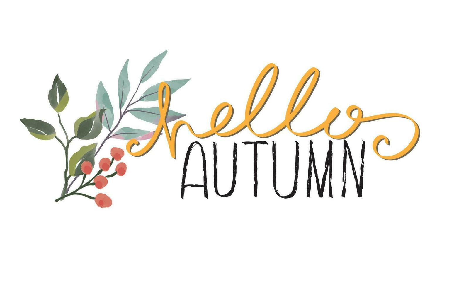 Vector autumn quote Hello Autumn with autumn leaves isolated on white background. Season typography poster Isolated on white.